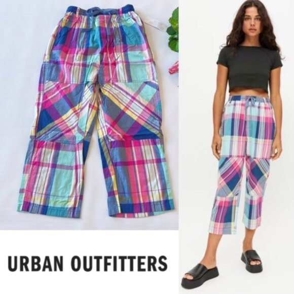Urban Outfitters | UO BDG Modern Day Pull On Pant Plaid Multi Pink Blue Cotton S - Picture 1 of 15